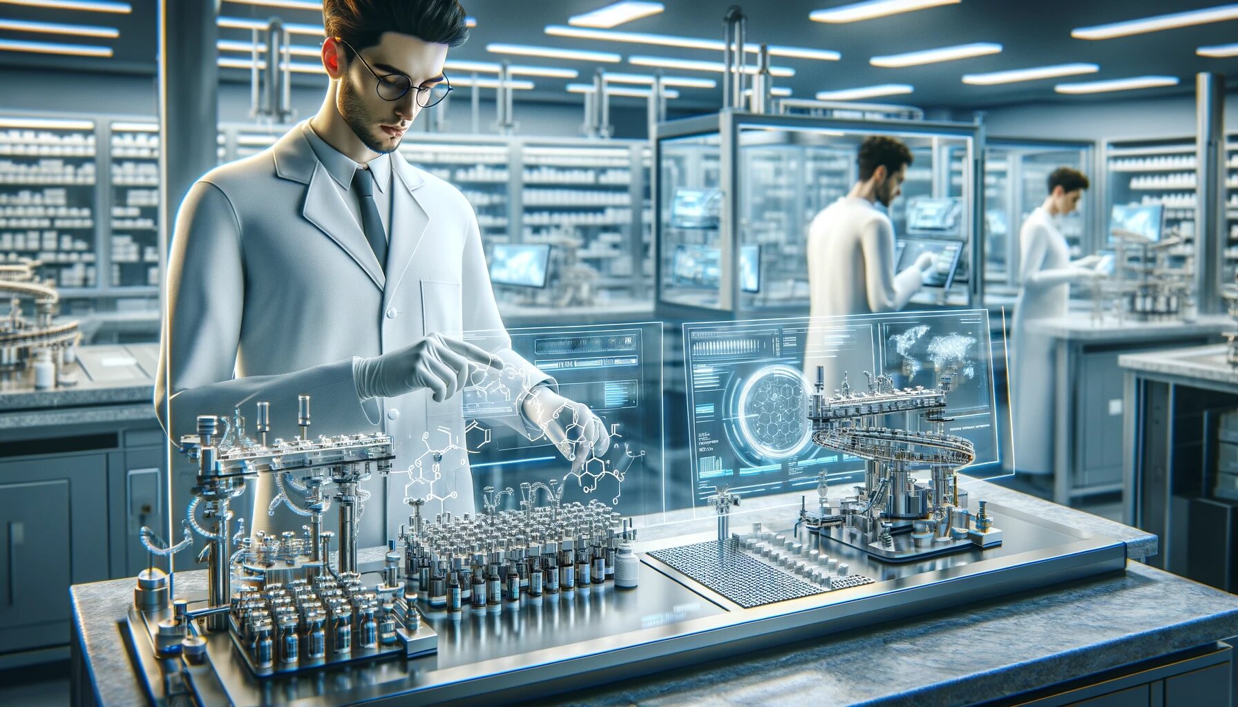 Un laboratoire pharmaceutique moderne avec des scientifiques en blouse blanche manipulant des équipements de pointe et des chaînes de production automatiques