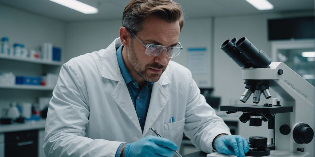 Scientist in a small pharmaceutical lab examining a sample under a microscope, representing GMP challenges and solutions.
