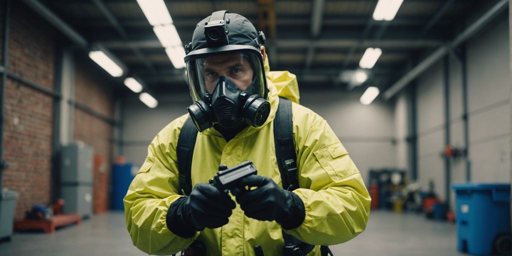 Pest control worker in protective gear spraying insecticide in an industrial building to manage cockroach infestation.