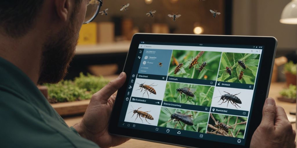 Pest control professional using a tablet with insect and rodent icons, representing microlearning in pest control training.